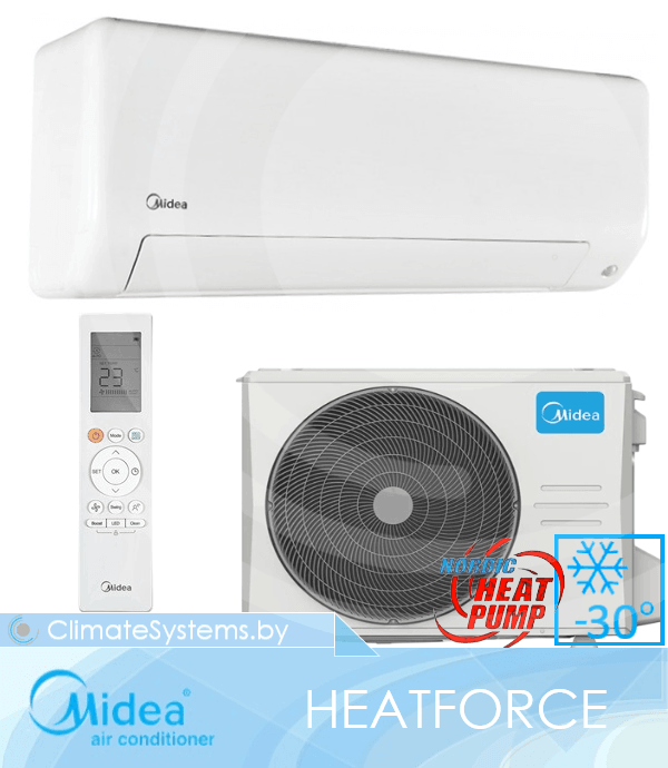 MIDEA HEATFORCE. MSHP-09N8D0-I/MSHP-09N8D0-O Inverter. Тепловой насос типа "воздух-воздух". Режим энергосбережения iЕСО. Интеллектуальный датчик присутствия Intelligent Eye. Уверенный нагрев до -30°С. 1 MIDEA HEATFORCE. MSHP-09N8D0-I/MSHP-09N8D0-O Inverter. Тепловой насос типа "воздух-воздух". Режим энергосбережения iЕСО. Интеллектуальный датчик присутствия Intelligent Eye. Уверенный нагрев до -30°С.